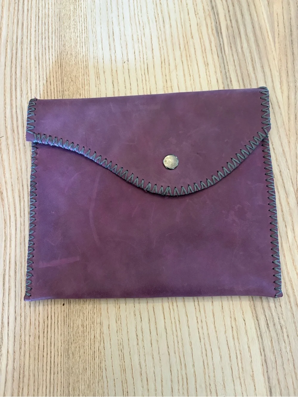 Plum Leather Envelope Pouch with Whipstitch Trim